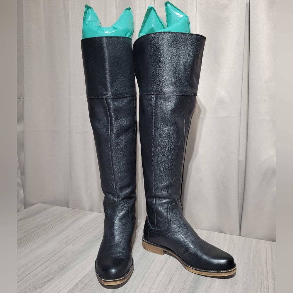 Franco Sarto Size 6 Black Leather Tall Over the Knee High Zipper back Boots